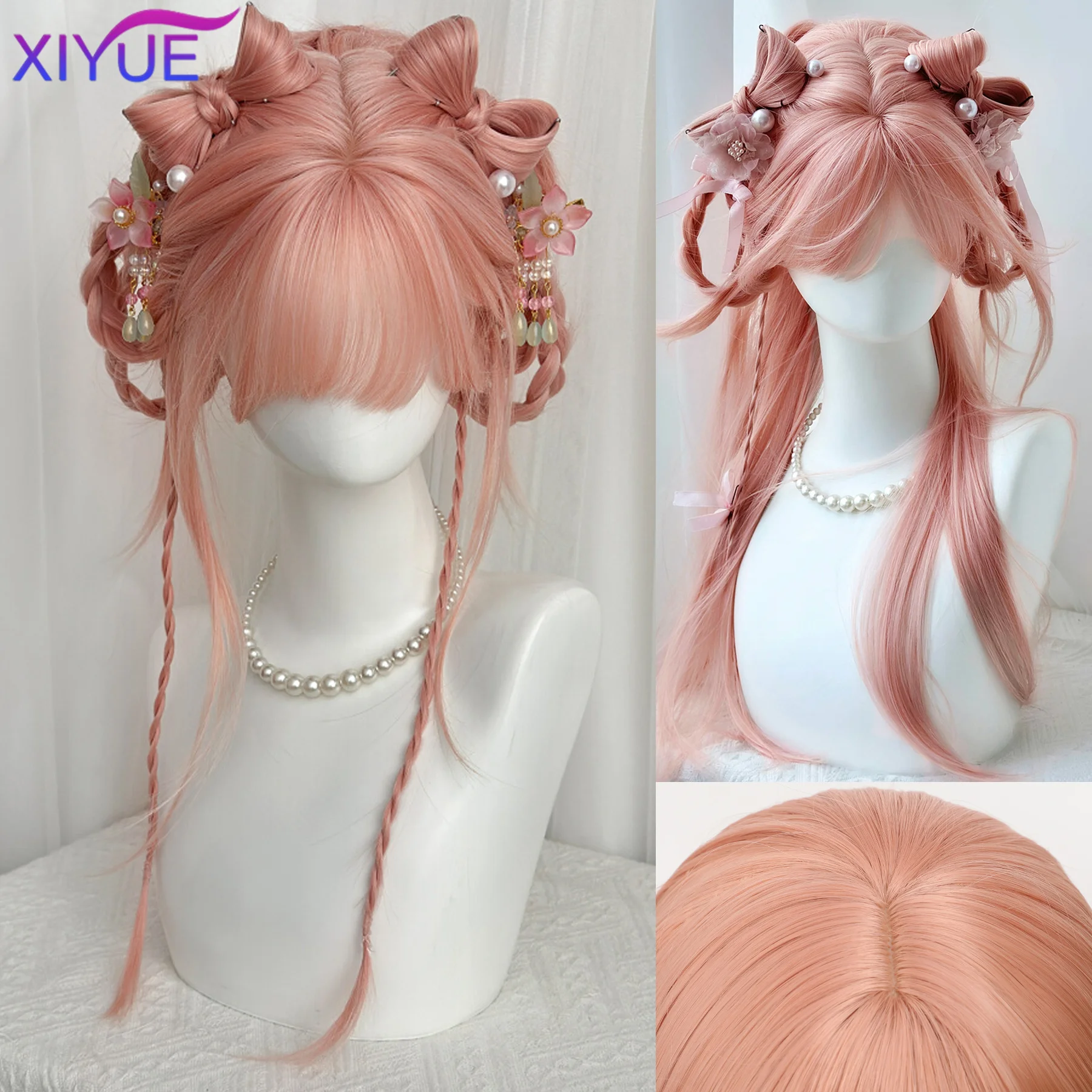 

XIYUE парик для косплея с челкой, синтетические прямые волосы, 24-дюймовый длинный термостойкий розовый парик для женщин