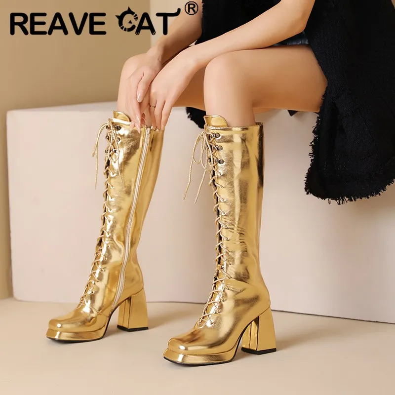 REAVE CAT Female Knight Boots Toe Leisure Daily Knee High Booties Chunky Heels 9cm Silver Glitter Platform Lace Up US14 46