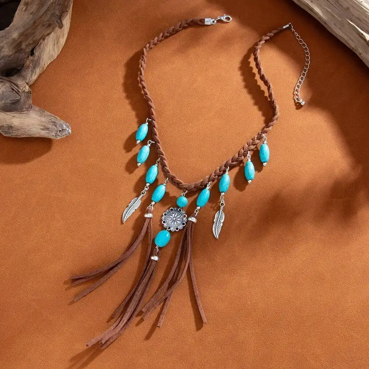 

Lacteo Ethnic Vintage Blue Stone Feather Tassel Pendant Necklace Women Creative Unique Clavicle Chains Aesthetics Jewelry Gifts