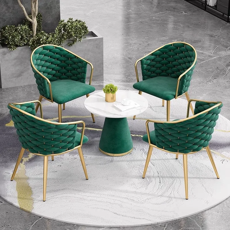 Light Beige Woven & Gold Leg Style Round Dining Room Set Woven Backrest Comfortable Support Negotiation Use Table And Chair