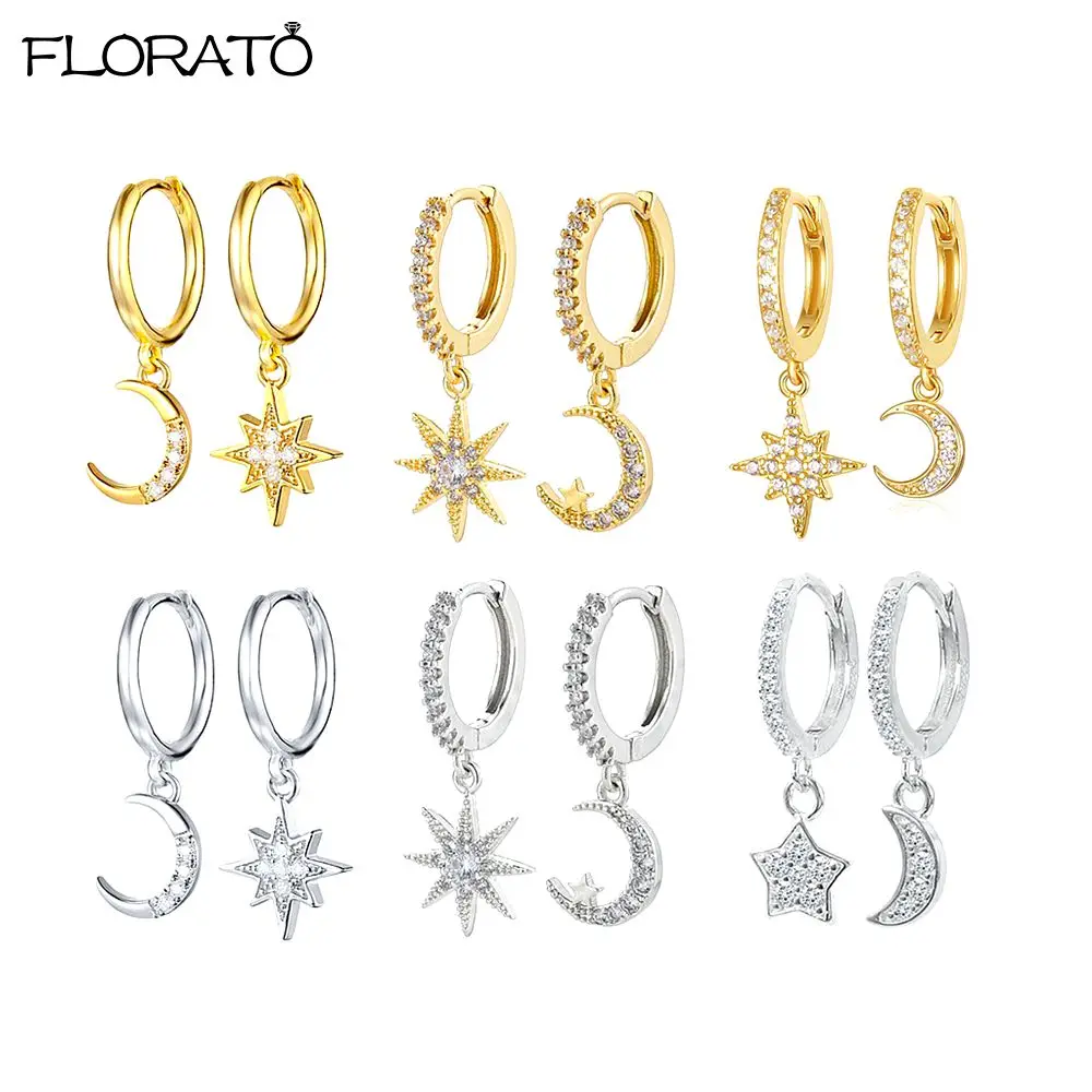 925 Sterling Silver Needle New Star/Moon Small Hoop Earrings dla kobiet Wykwintne kryształowe kolczyki wisiorek Biżuteria modowa Prezent
