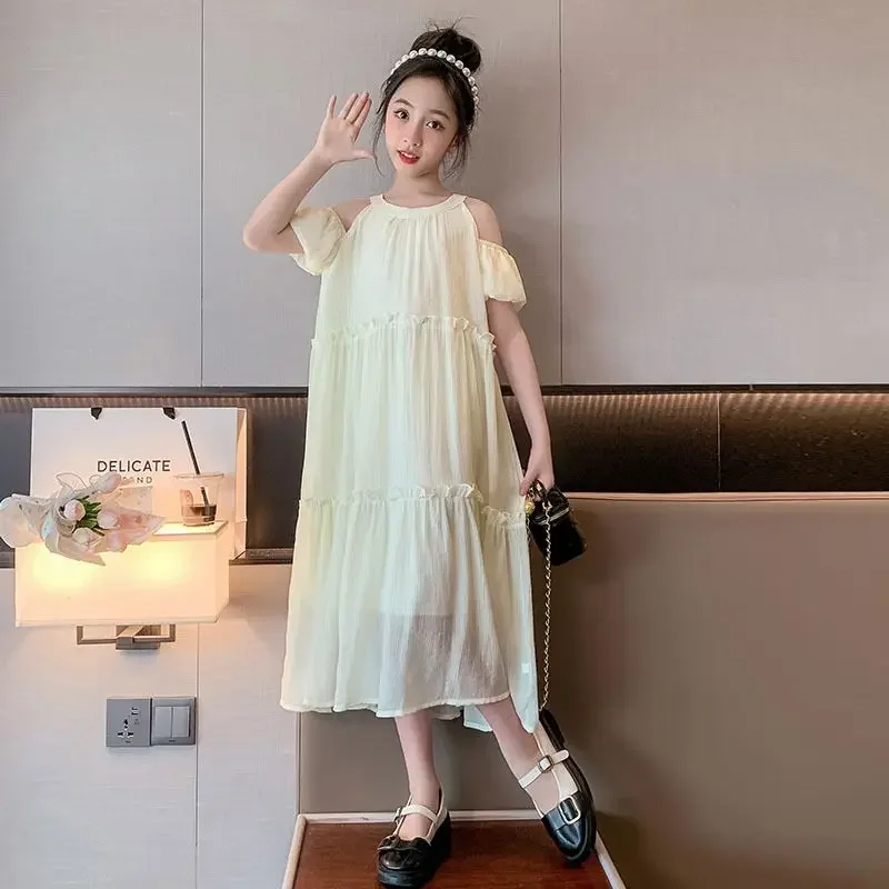Girls Summer Princess Style Dress Fashionable Beautiful Lace Hollow Dress with Flying Sleeves Elegant Birthday Party Dress 3-12T