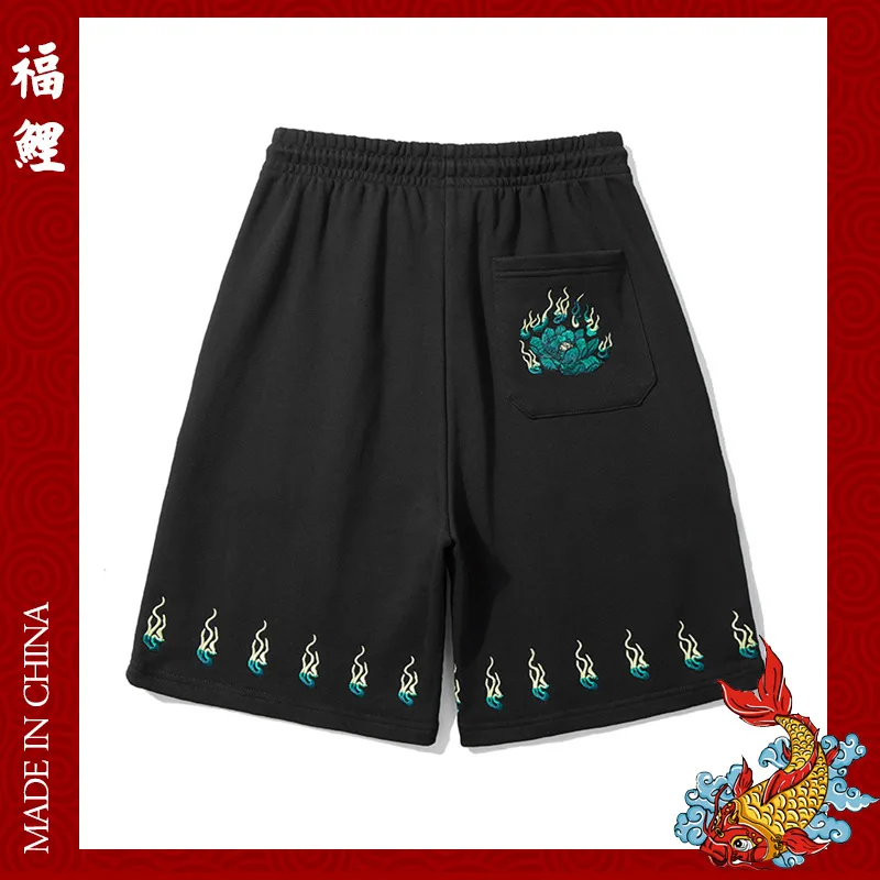 Summer New Loose Cotton Lotus Embroidery Shorts for Men China-Chic Chinese Style Sports Casual Pants for Men