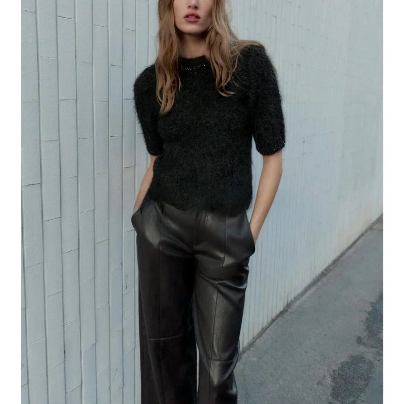 Zimowa nowa mata Damska dzianinowa bluzka z okrągłym dekoltem i koralikami Biżuteria Top Poliester Casual Dojazdy do pracy