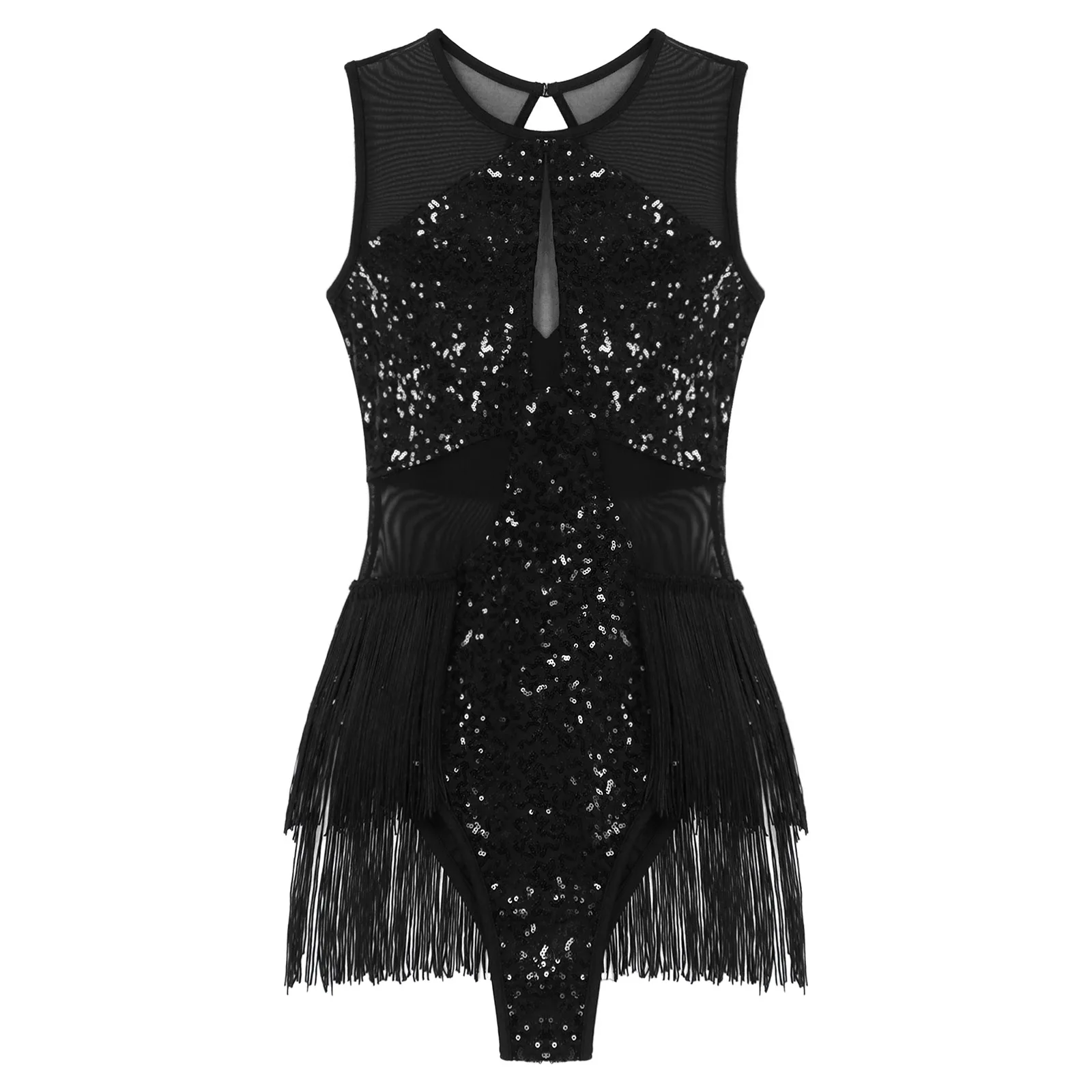 Womens Sequins Fringe Tassel Bodysuit Sleeveless Ballet Dance Jumpsuit Gymnastics Leotard Latin Jazz Performance Dancewear