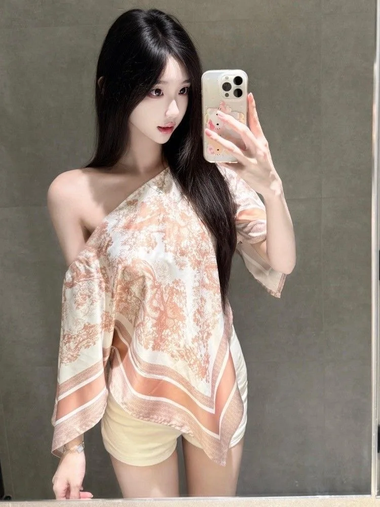 KING BRAND Summer irt Ele Pink Print Oblique oulder Design French Sle Loose Fit Women's Faion Daily Wear
