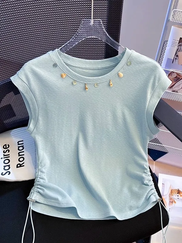 Ele ort Svel round Ne T-irt Women's New 2025 Slimming Pleated Waist Design Summer Faionable Top