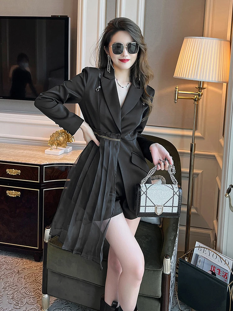 

Elegant Runway Sets For Women Retro Notched Neck Slim Waist Zipper Mesh Diamonds Lady Long Coat Suit Blazer Shorts 2 Pieces Set