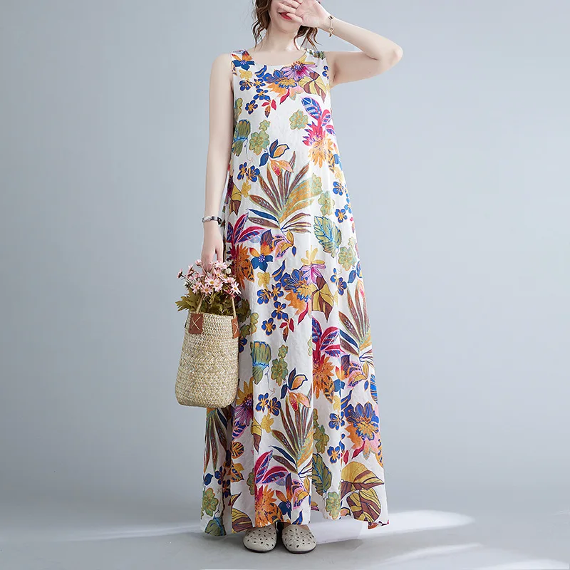 Estate nuove donne vintage allentate stampate senza maniche in cotone e canapa abito moda donna canotta abiti con cinturino maxi abiti
