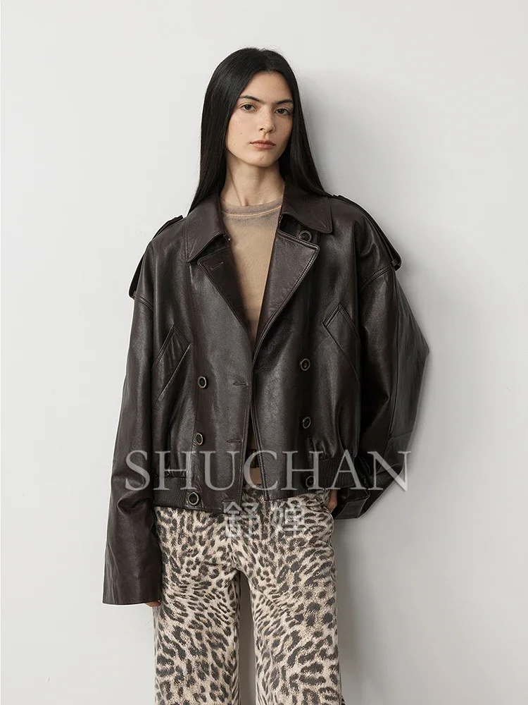 

New Fashion Luxury Oil Wax Sheepskin Trench Coat Autumn 2024 Double Breasted Oversized Abrigos Mujer Invierno Leather Jacket