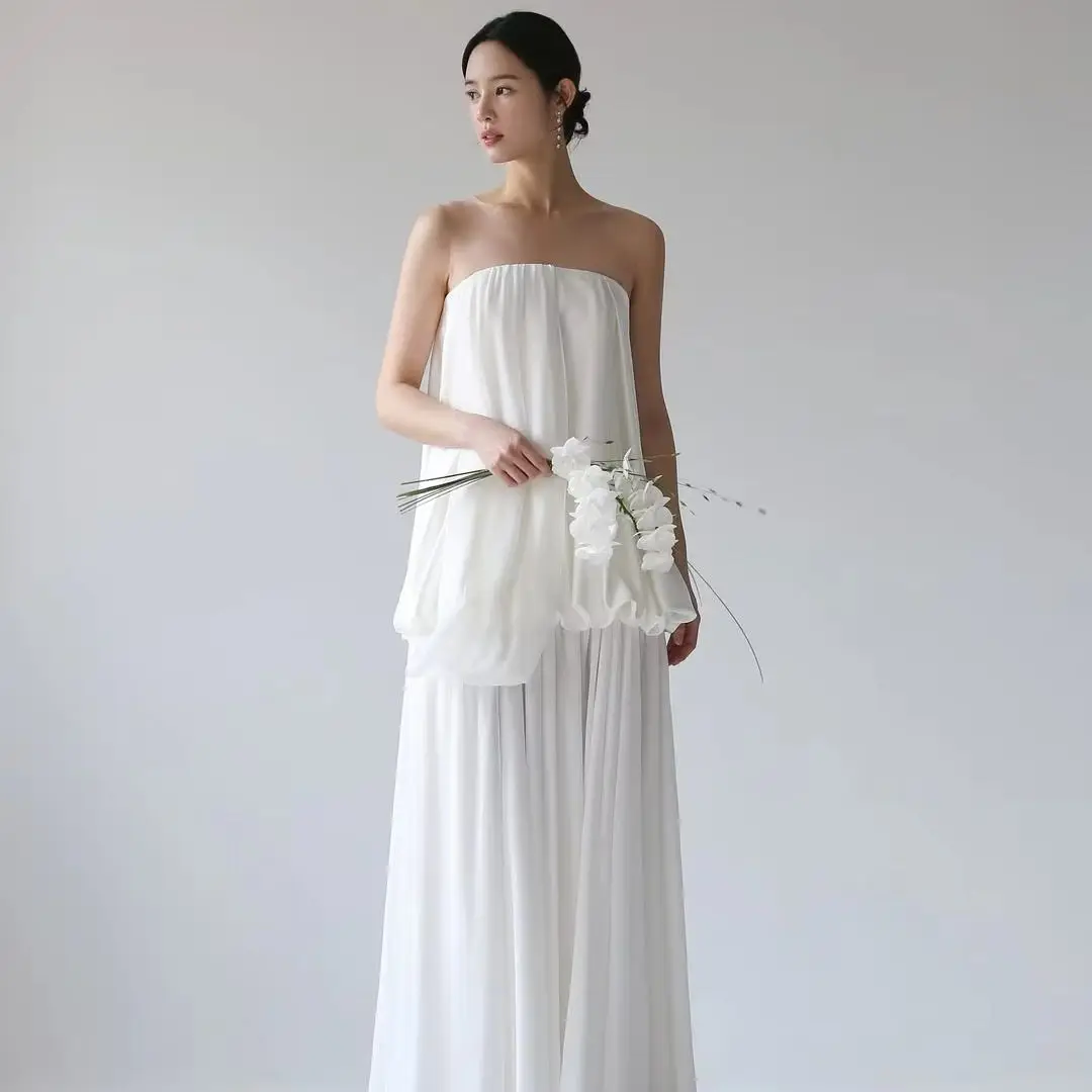 

MODX Elegant Strapless Straight Wedding Dresses Spaghetti Strap Pleat Chiffon 웨딩드레스 Korea Photoshoot Customised Bride Gown 2025