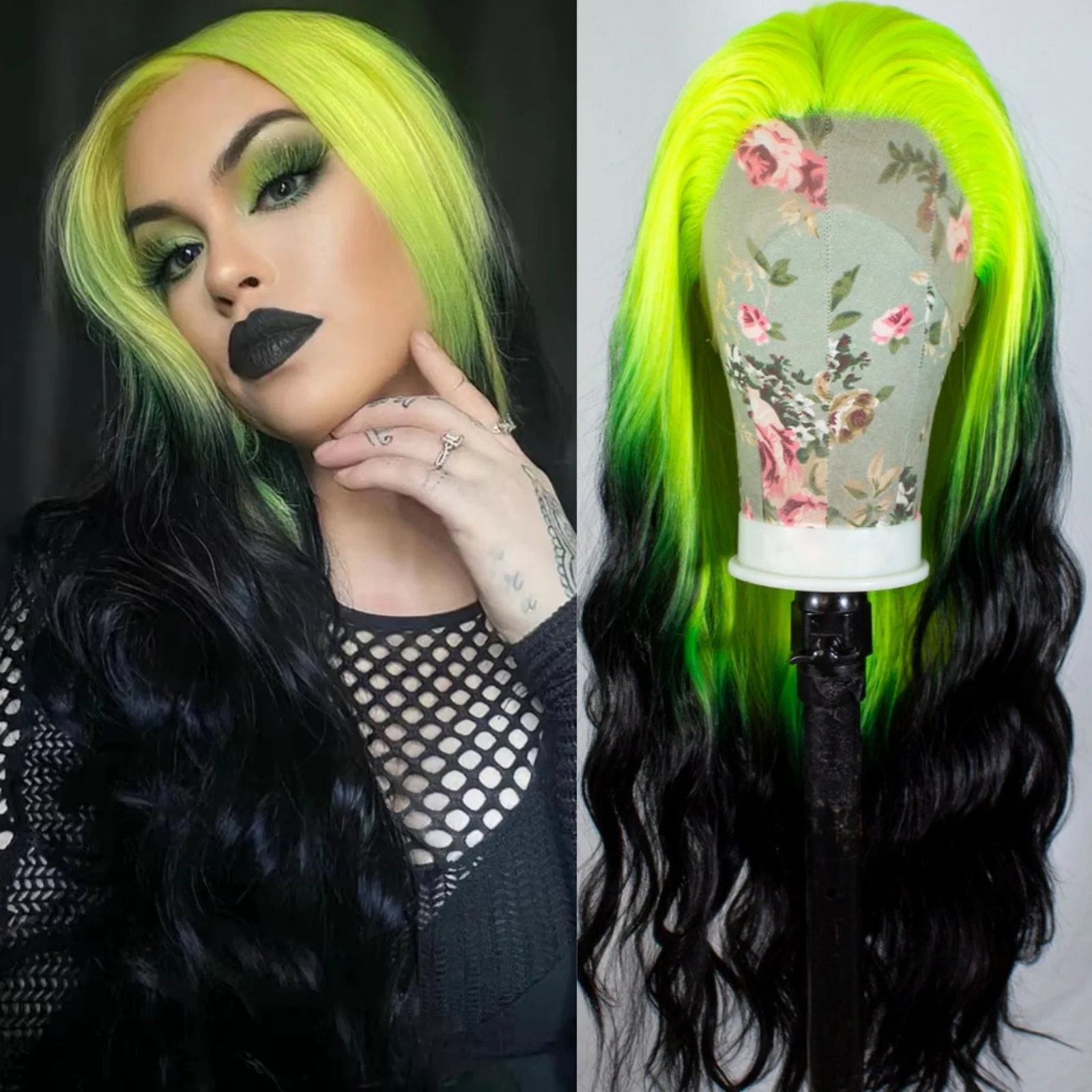 

RDY Highlight Wig Black Green Skunk Stripe Loose Body Wave Synthetic Lace Front Wig Ombre Colored Hair Frontal Wigs for Women