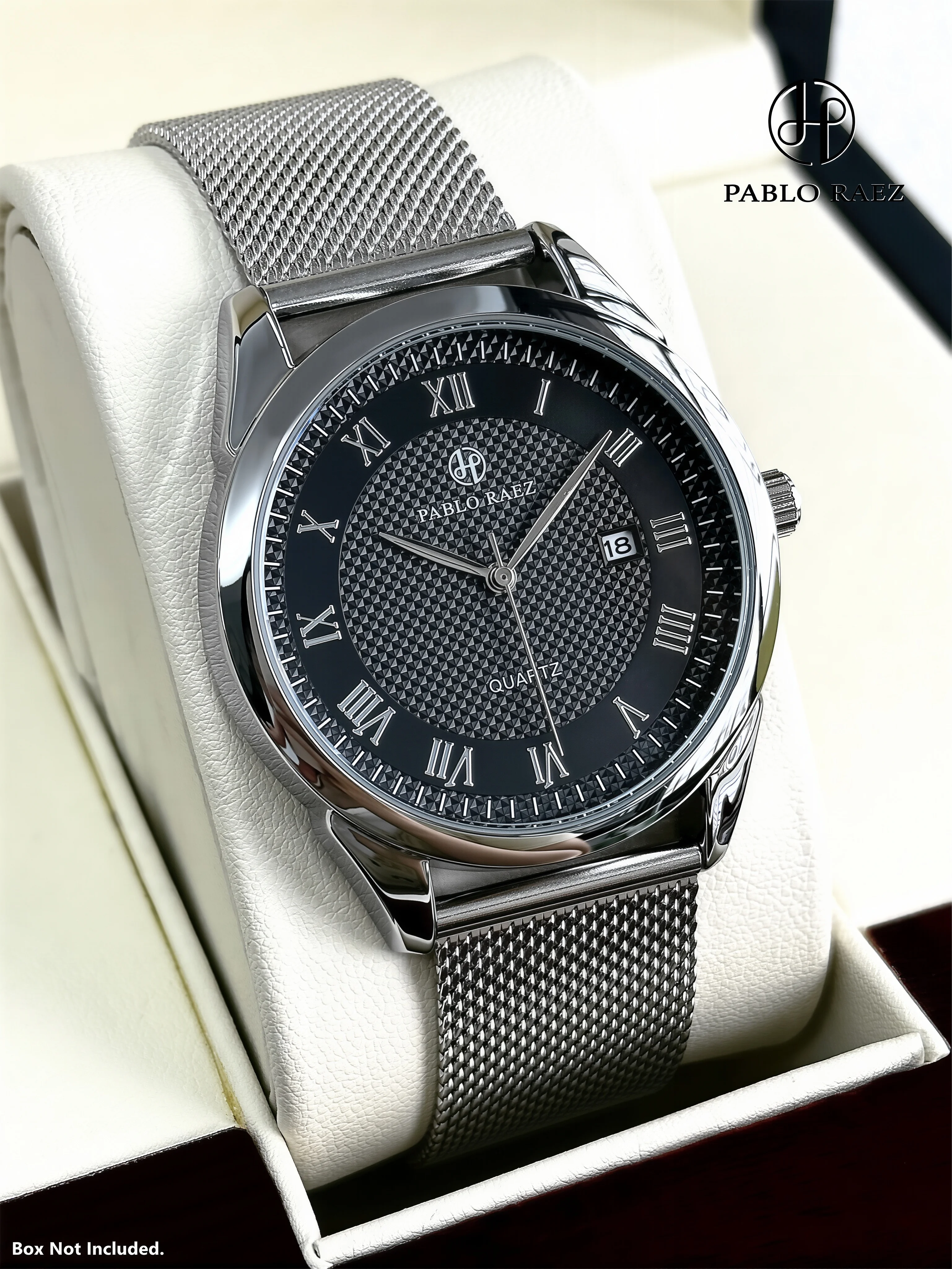 

PABLO RAEZ Real Photography Fashion Men's Quartz Date Watch Men's Leisure Slim Mesh Steel Waterproof Sports Watch Family Gift