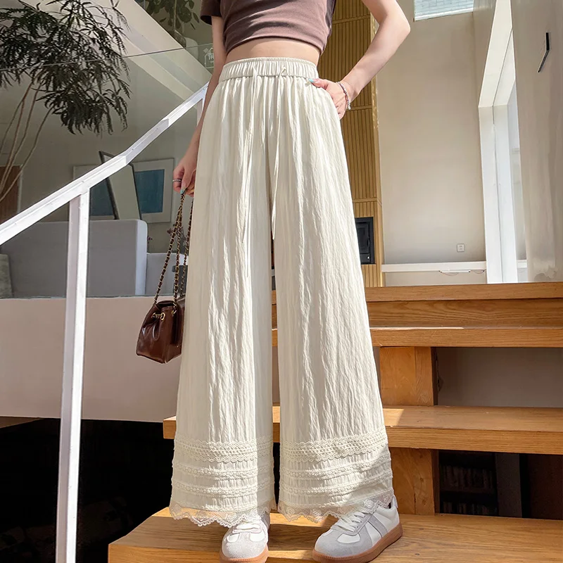 

2025 New Spring Summer Lace Patchwork Women's Wide Leg Pants High Waist Female Elegant Straight Loose Ankle Length Trousers