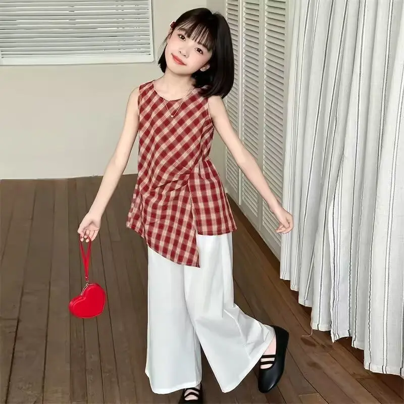 Girls Summer Set 2026 New Girl Summer Stylish Plaid Vest Kids Thin Wide Leg Pants Two Piece Set