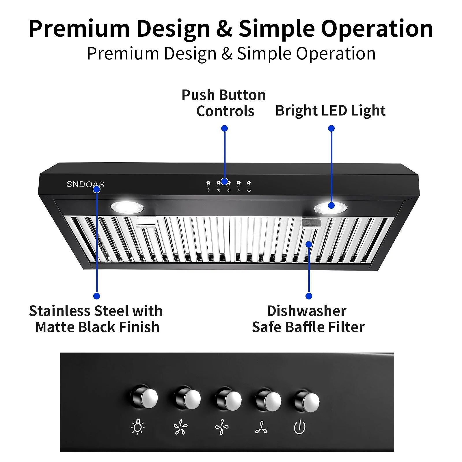 Tieasy-cozinha sob o armário preto Cook Fan, LED Light Gama Hood, 600CFM, 30 