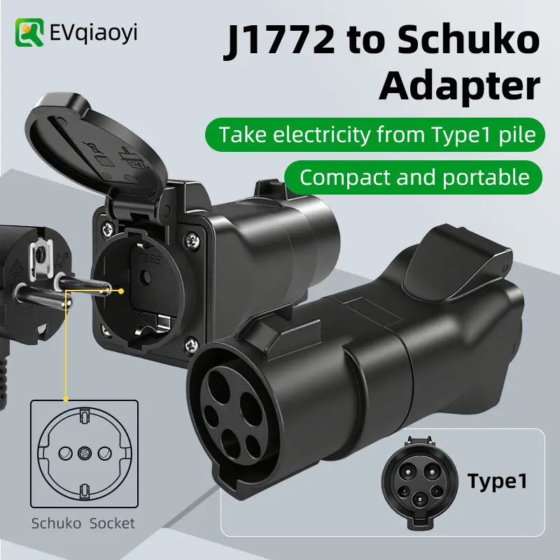 EVqiaoyi Type 1 Charging Pile Discharge Adapter J1772 to Schuko Socket Discharging Plug for Camping Emergency Power Supply