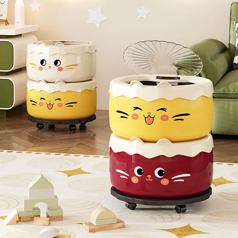 Cute Cartoon Cat Dustbin With Wheels Press Type Lid Double Bucket Sealed Odor-proof Trash Can Home Kitchen Bedroom Movable bin