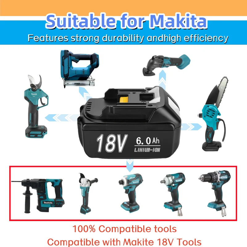 

2025 6Ah For Makita 18V Battery 18650 Lithium-ion Battery Replacement Battery For Makita BL1830 BL1860 BL1890 LXT400 Power Tools