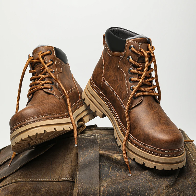 

Fashion Leather Men's Boots Winter Warm Plush Men Snow Boots British Style High Top Motorcycle Boots Luxury Men Ankle Work Boots