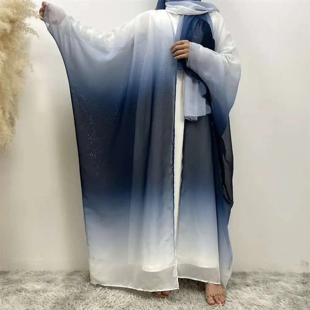 

Fashionable Muslim Chiffon Cardigan Gradient Bat Cuff Headband Set Abaya 67501 Robe Abaya Ramadan Dubai Luxury Islam Elegant