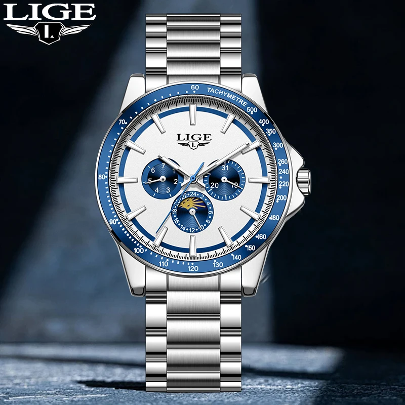 

LIGE Personality Fashion Quartz Man Watch Casual Luxury Stainless Band Moon Phase Waterproof Luminous Auto Date Watches Male+Box