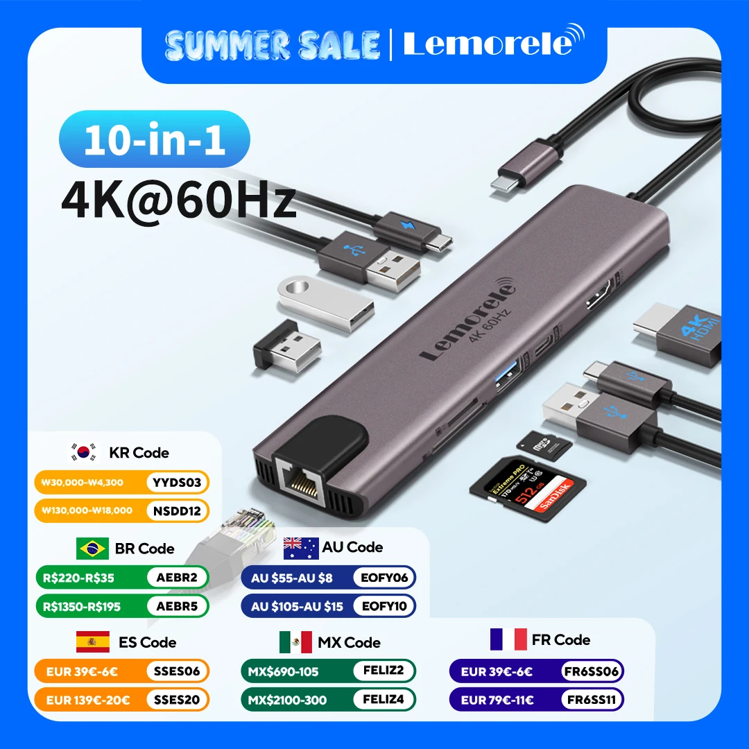 Lemorele 10 in 1 USB C HUB Docking Station Type C Adapter 4K@60Hz HDMI 100W PD RJ45 1000Mbps Ethernet SD/TF Slot for Mac Laptop