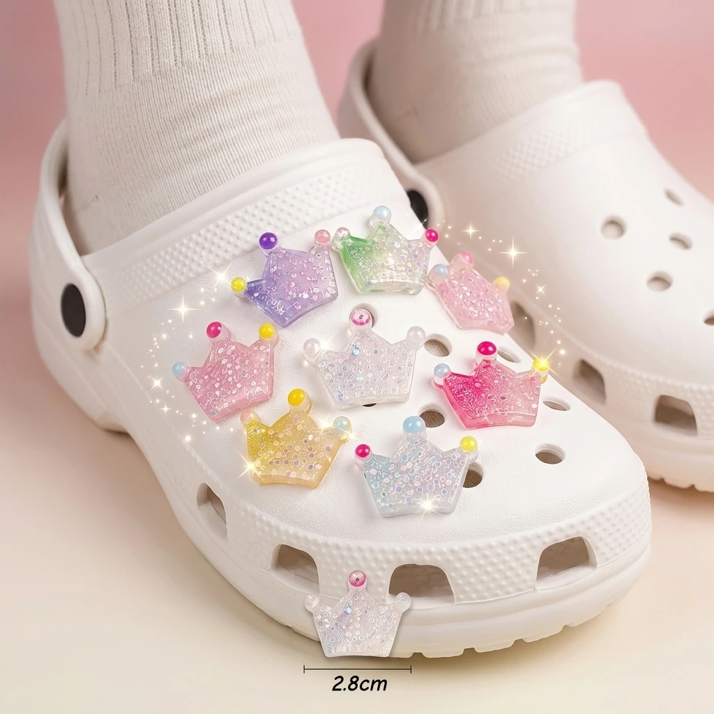 20-Pack Mixed Iridescent Glitter Gradient Heart Crown Resin Shoe Charms - Cute Sparkly Clog Decor for Sandals & Beach Bags