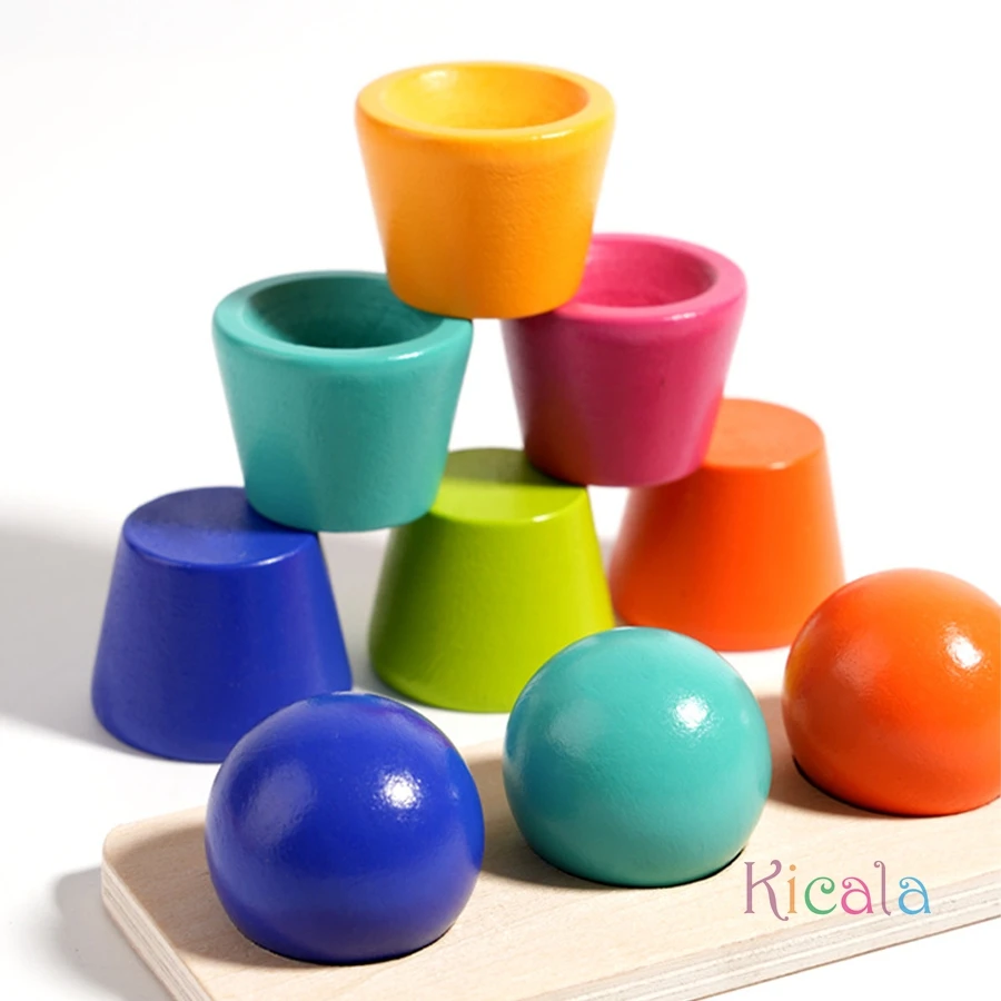 Giocattoli educativi Montessori in legno per bambini Palla abbinata ai colori Tazze impilabili Gioco Cognizione Sussidi didattici per l'apprendimento prescolare