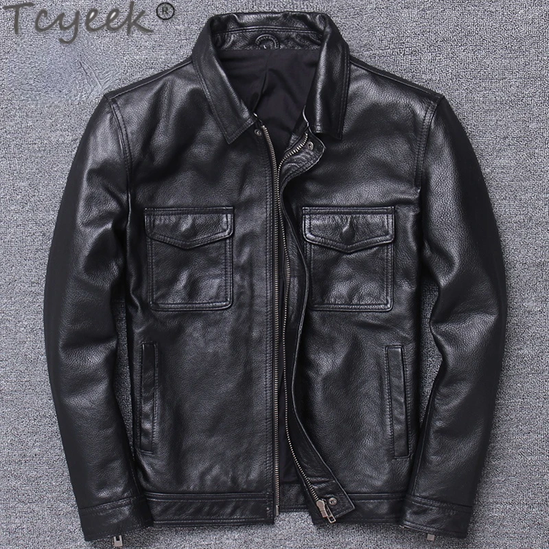 

100% Real Leather Jacket Men Lapel Short Cowhide Leather Coat Male Motorcycle Leather Tops Autumn Winter Men Cloth Tide Specials