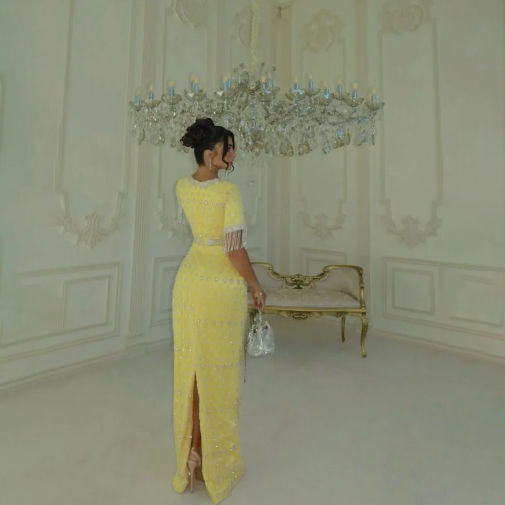 Customized Yellow Beaded Short Sleeve Mother Of The Bride Gown Fringe Cuff Belted Split Midi Formal Wedding Party Dress