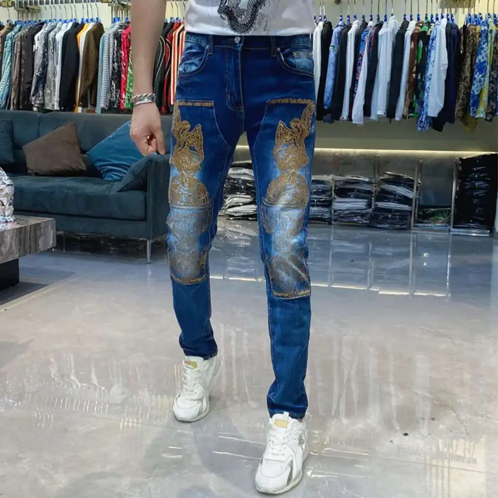 Men\'s Dedicated Gold Embroidery Front Patch Pants Slim Fit Washed Blue Jeans Stretchable Skinny Fit Party Pantalones Streetwear