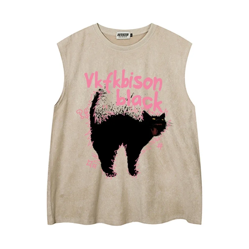 2024 Printed Fried Cat Loose Undershirt Summer Men Tide Ins Casual Cotton Bottoming Shirt Round Neck Sports Sleeveless T-shirt