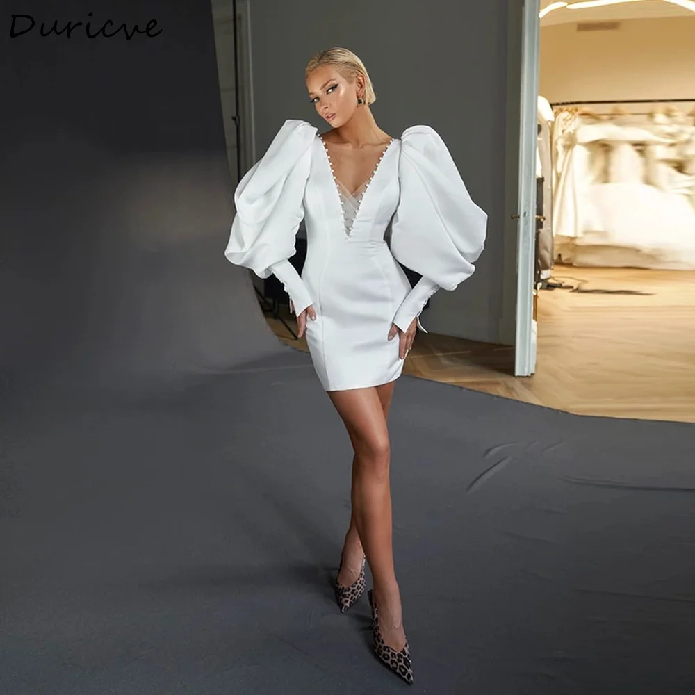 Duricve Customized Mini Satin Mermaid Wedding Dresses Long Sleeves Short Civil Bridal Gowns After Party Dress Vestido De Noiva