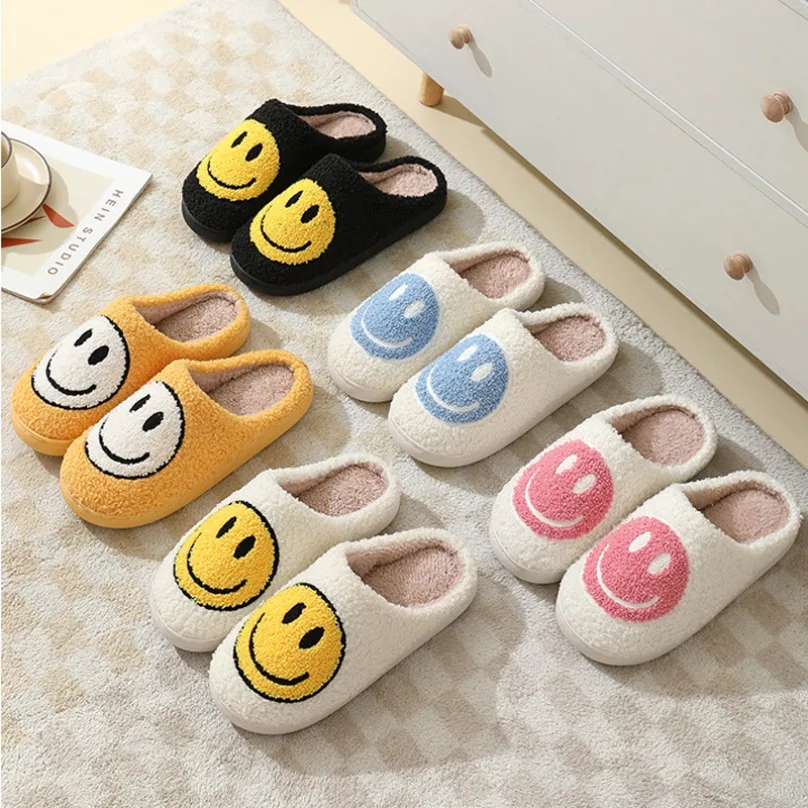 Fuzzy Smile Face Women Slipper Kawaii Cartoon Plush Contton Indoor Funny Cute Winter Warm Floor house Home Shoes Female 2024 new