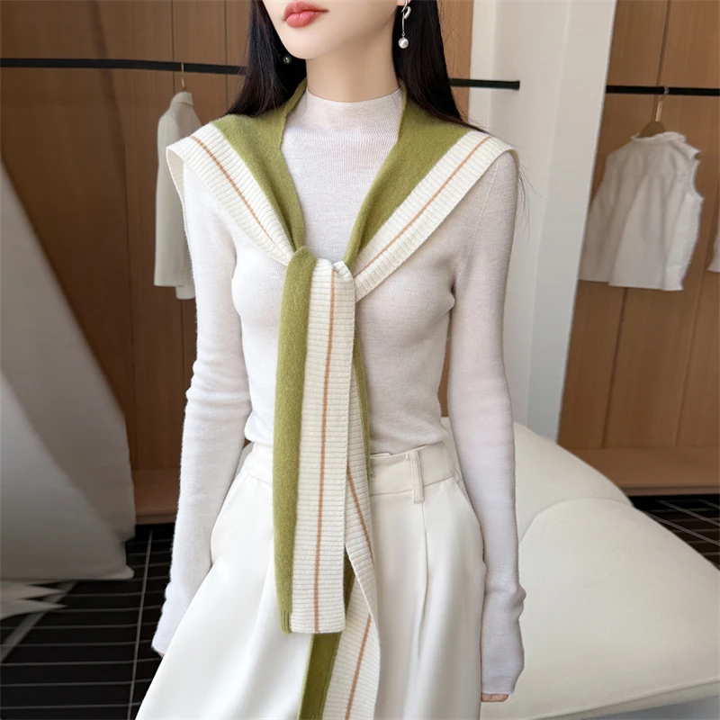 BELIARST Women's 100% Merino Wool Knitted Shawl Fashionable Outerwear Versatile Color Matching Shawl for All Seasons