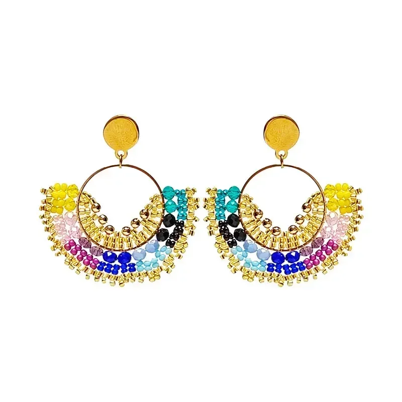ZGMXR Rice bead earrings Sector Crystal Circle Hollow out Fashion Hand knitting Bohemia  Gradient color Female  Beaded earrings