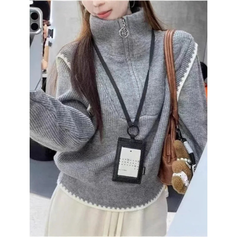 

Half Zipper Stand-up Collar Loose and Lazy Knitted Sweater 2025 Autumn and Winter New Design Niche Pullover Sweater