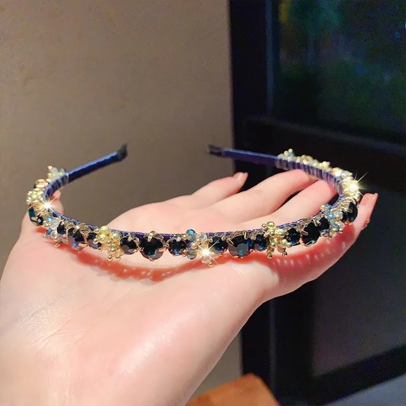 

French Retro Deep Sea Blue Rhinestone Handmade Beaded Headband Elegant for Banquet Women Non Slip Lightweight Premium