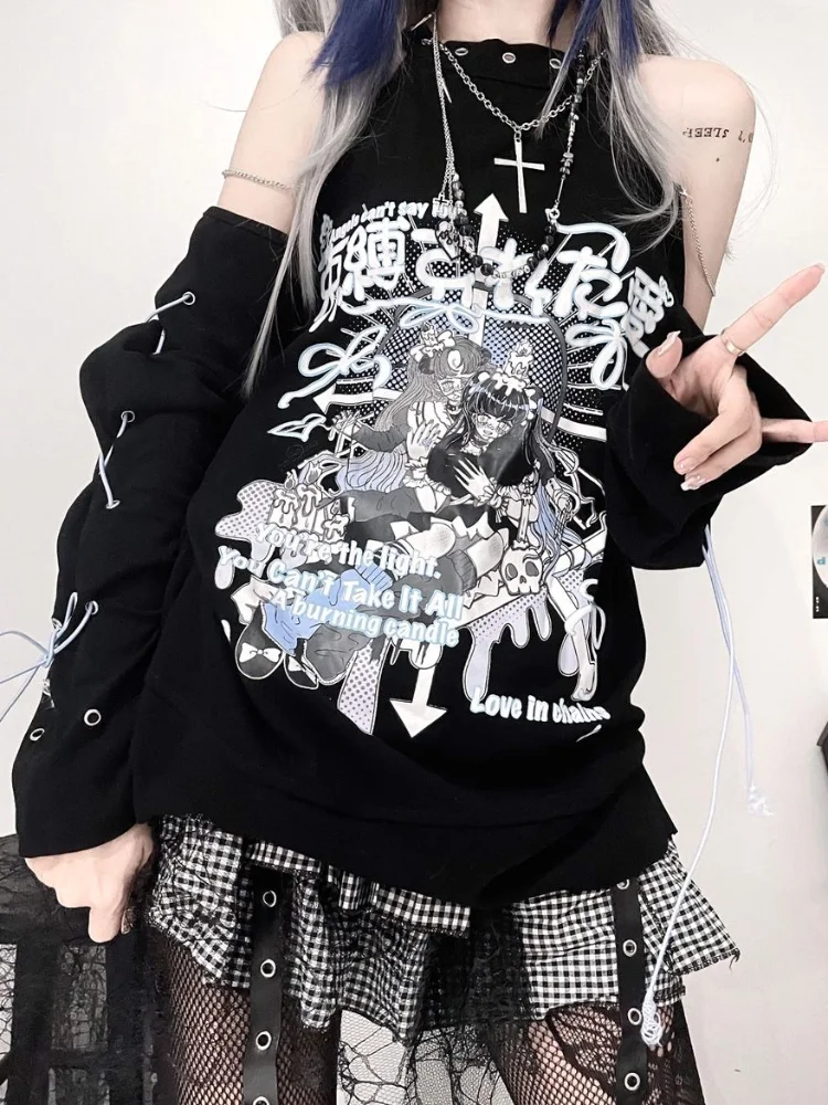 

QWEEK Y2k Gothic Harajuku Anime T-shirts Women Goth Punk Bandage Off Shoulder Tees Black Long Sleeve Tops 2023 Fashion Kpop