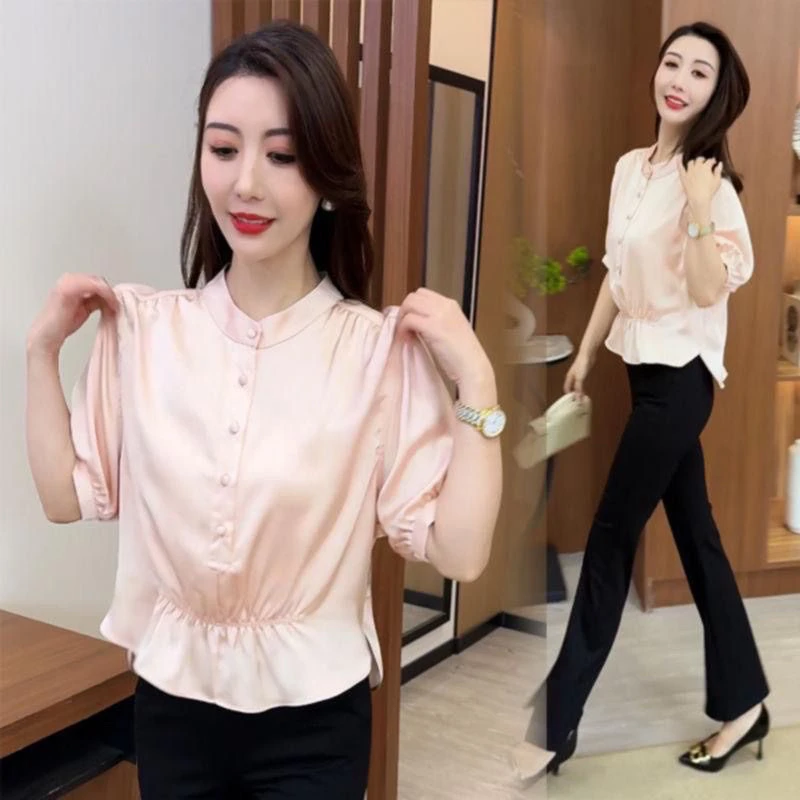 

Лето 2024, женская винтажная атласная одежда из ледяного шелка в Корейском стиле, закрывающая живот, модная верхняя одежда для похудения, свободная посадка, круглая...