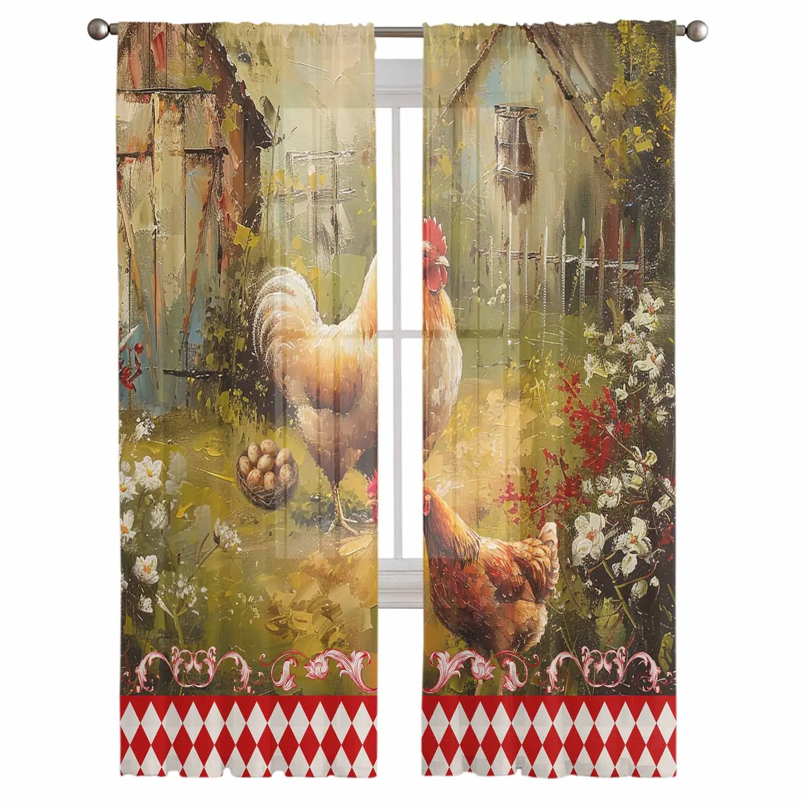 Retro Country Farm Hen Tulle Curtain for Living Room Bedroom Window Treatment Sheer Voile Curtain Kitchen Drape