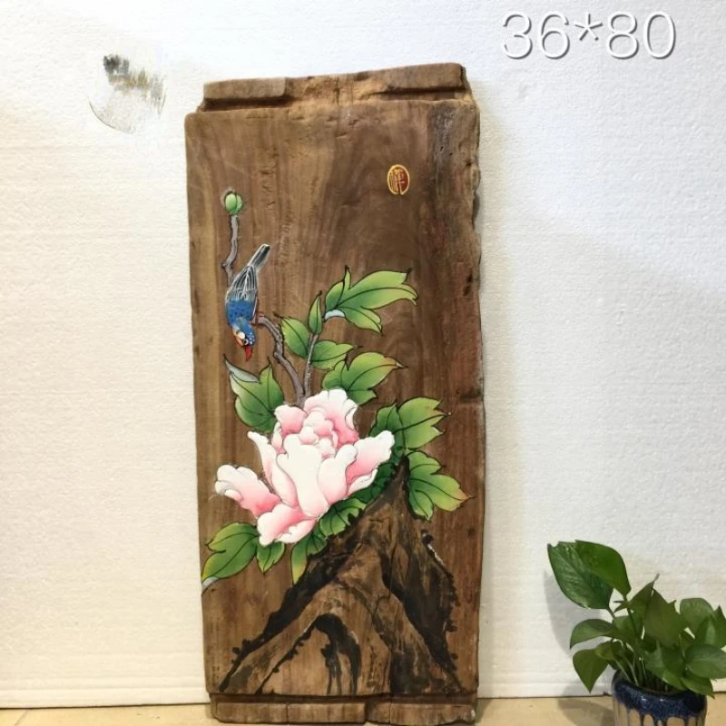 Ecological old camphor wood, weathered wooden board, wall decoration, mural painting, hand drawn Zen board painting