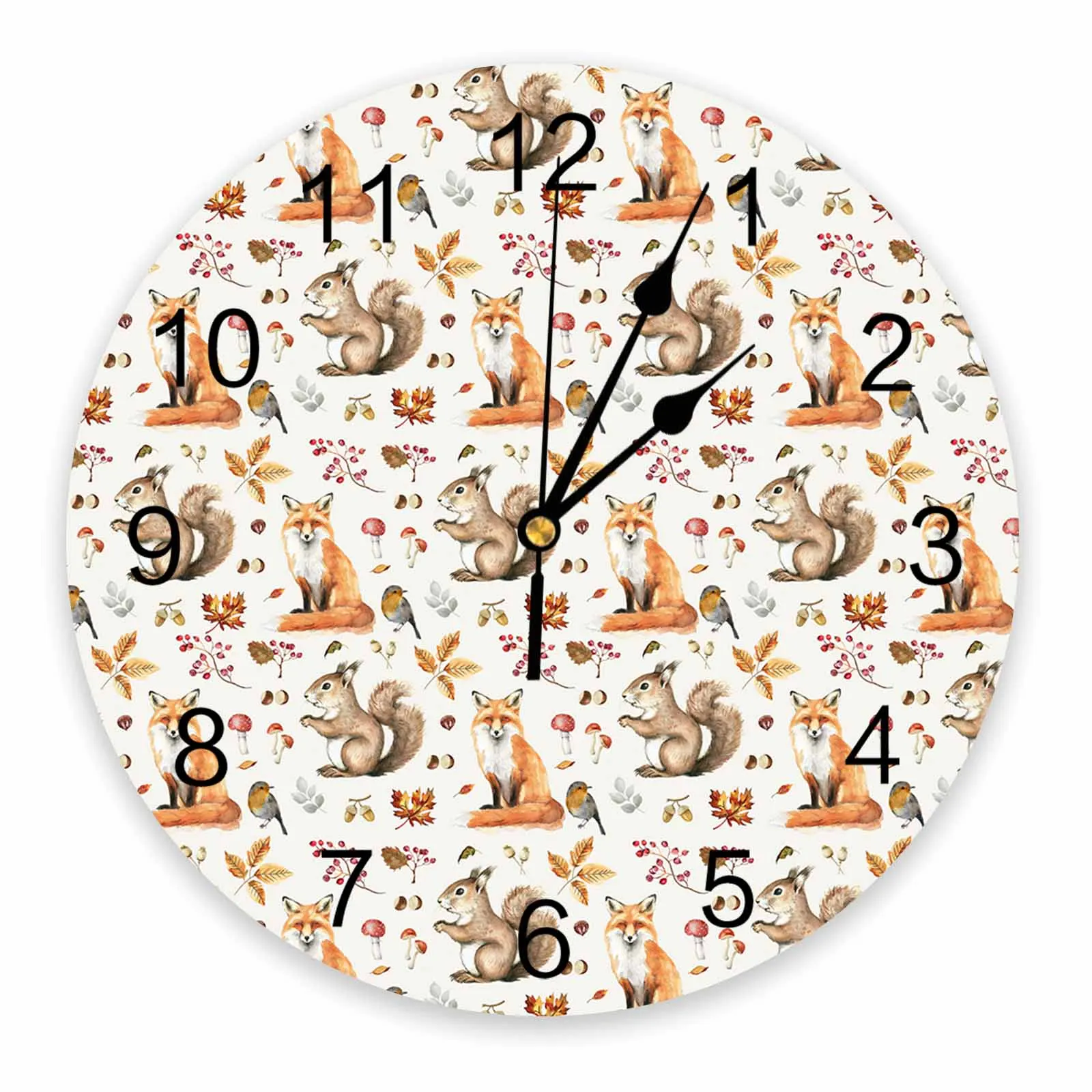 Autumn Thanksgiving Autumn Plants Squirrel Fox Printed Wall Clock Modern Silent Clock Living Room Home Decor Wall Hanging Watch