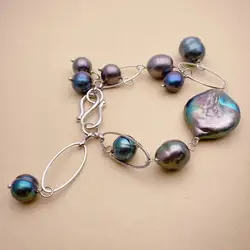 Y.YING Freshwater Black Keshi Pearl Rice Pearl Chain Charm Bracelet Women Jewelry