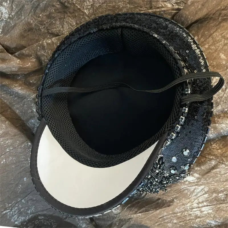 

L5YA Sparkly Crystal Heavy Crystal Sequins Rivets Captain Hat for Actor Actress