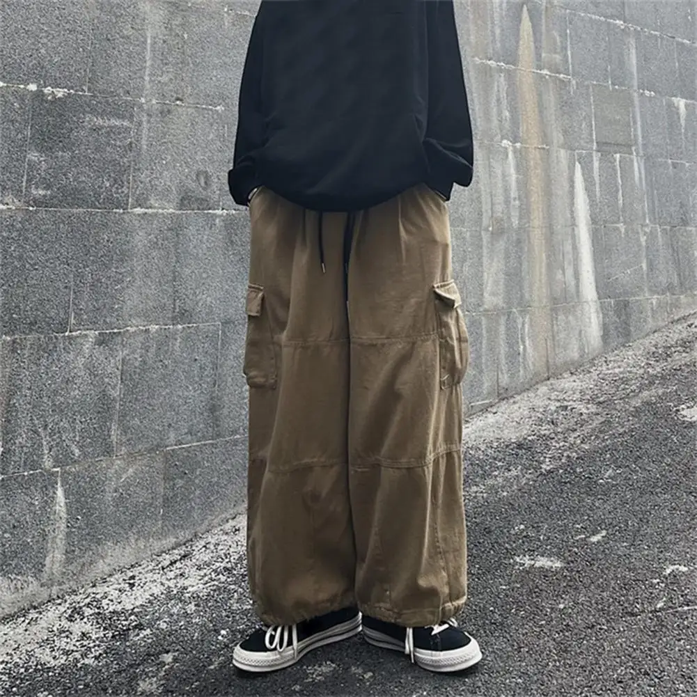 Big Pocket Cargo Pants Men's Casual Solid Color Straight Pants Baggy Wide-leg Pants Men Drawstring Cargo Pants pantalones hombre