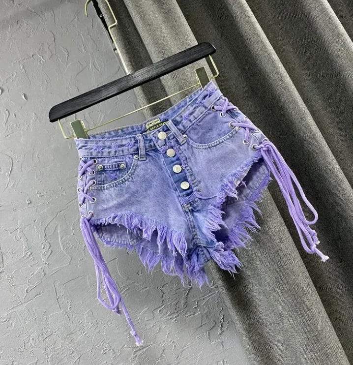 

Sexy Women's Denim Shorts 2025 Summer Hot Girls Vintage Woolen Strap Niche Denim Shorts Purple Denim Shorts A-Line Denim Shorts