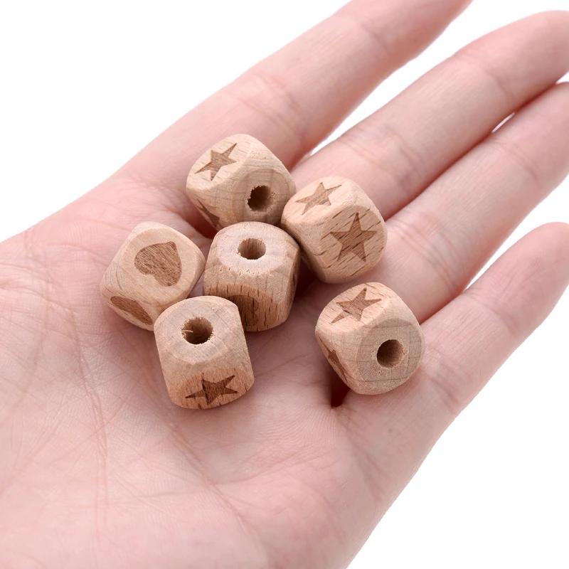 10Pcs 12mm Printing Beech Wooden Square Beads Five-pointed Star Heart Teether Beads for Pacifier Clips Holder Accessories