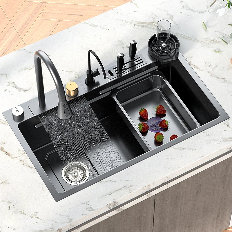 Kitchen Sink With Waterfall Faucet Stainless Steel Blcak Large Size Multifuctional Smart Basin Left Drain Above Counter